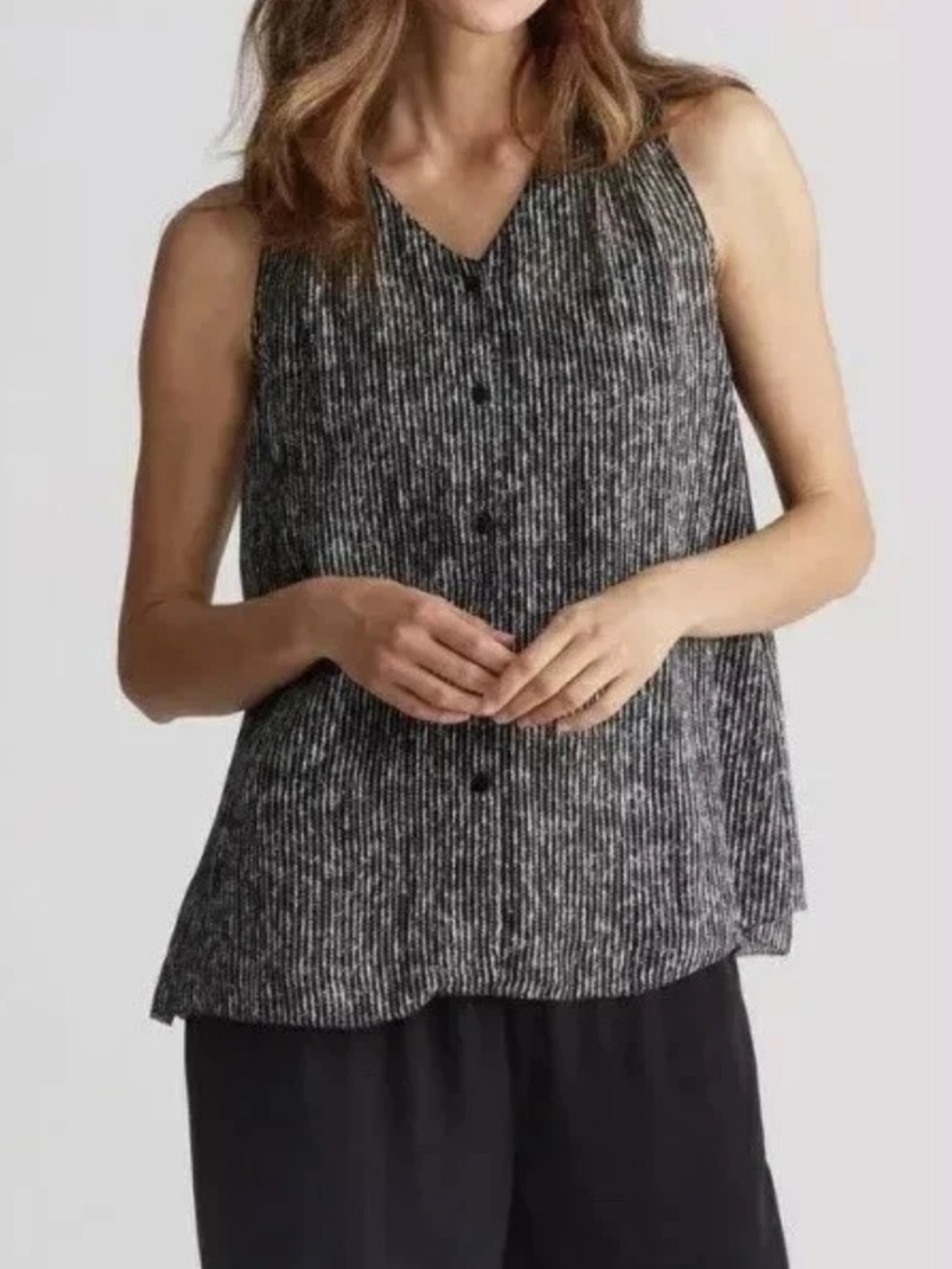 Eileen Fisher Elemental Printed Silk Top Blouse Button Down Sleeveless Medium - Picture 1 of 7